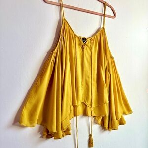 Lulus Mustard Yellow Boho Flutter Sleeve Tassel Top Small Festival Cottagecore